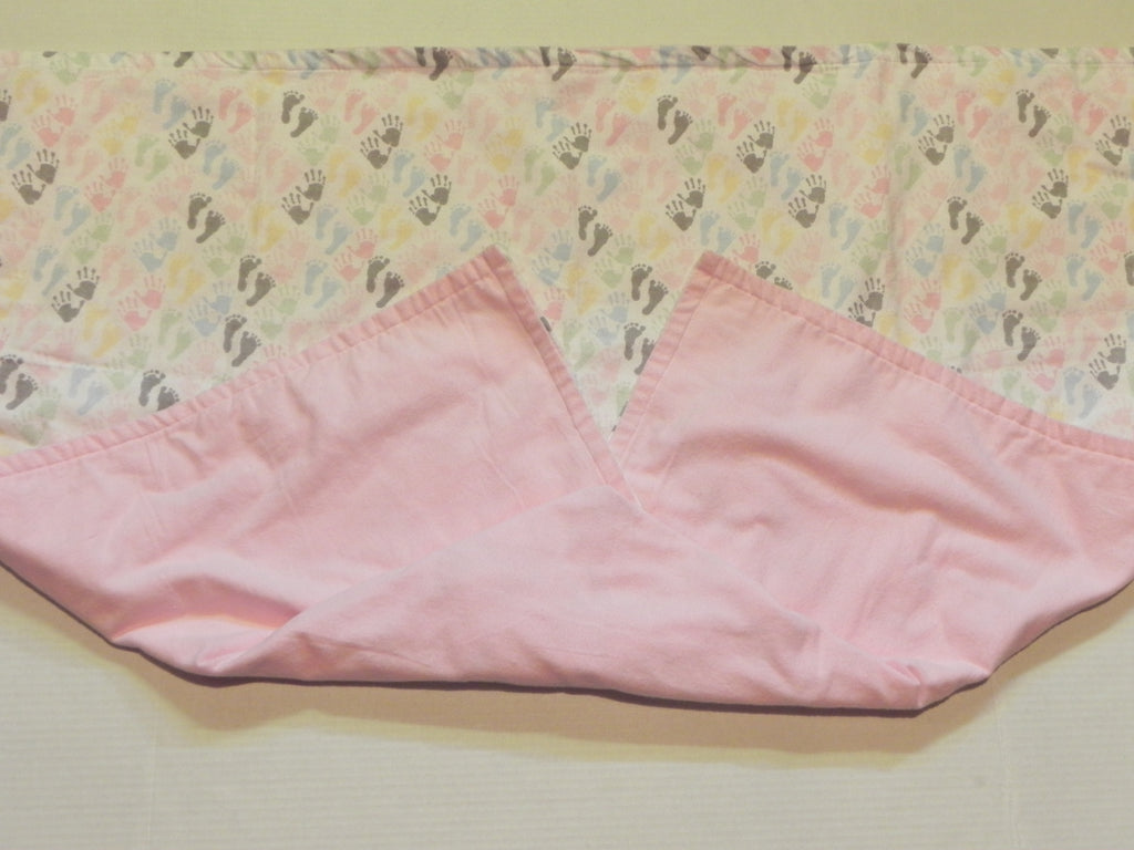 Pastel Baby Hand and Footprint Flannel Blanket with Pink Back