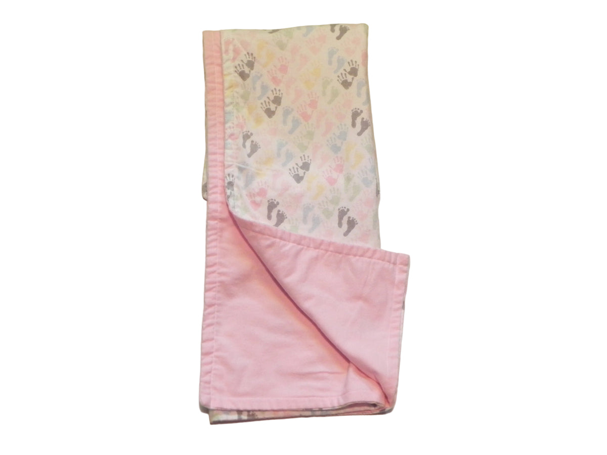 Pastel Baby Hand and Footprint Flannel Blanket with Pink Back