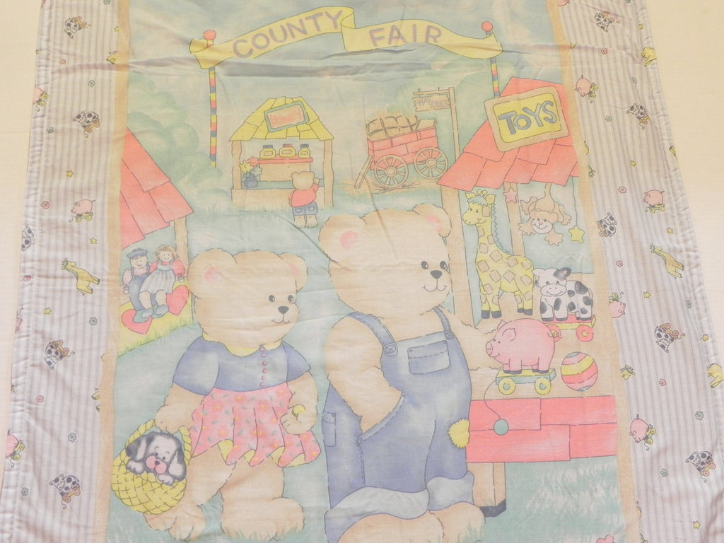 Country Fair bear scene cotton baby blanket with beige fleece backing