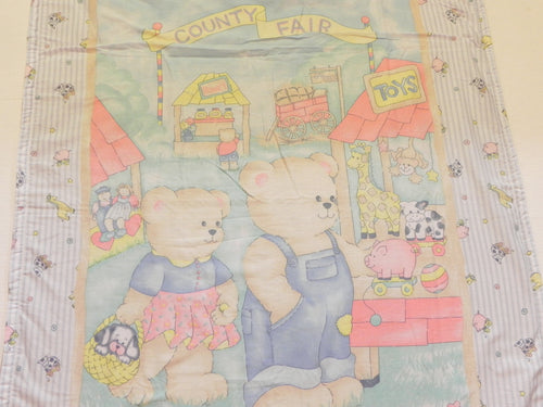 Country Fair bear scene cotton baby blanket with beige fleece backing