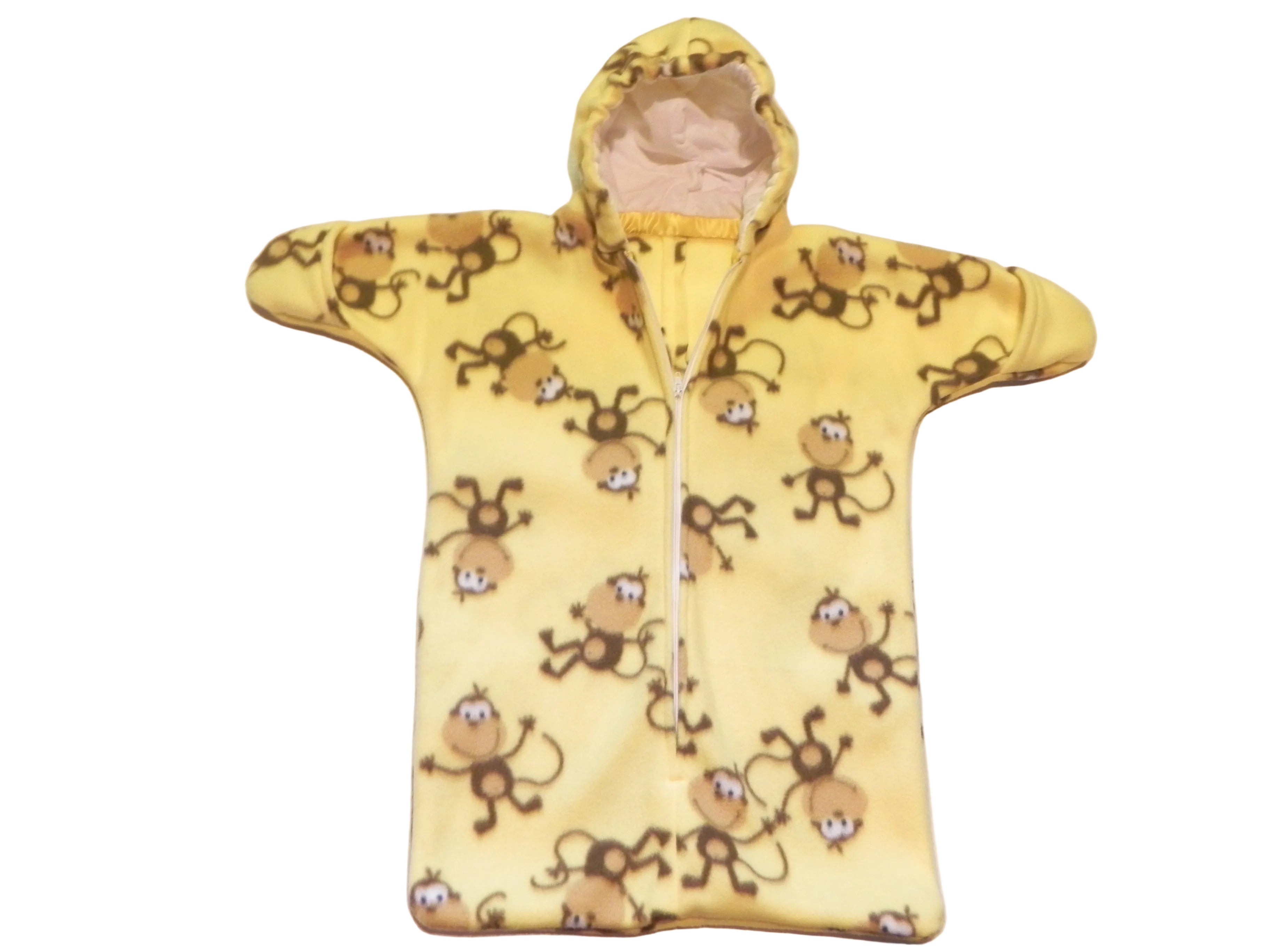Handmade Yellow with Monkeys Printed Fleece Baby Bunting Coat 0-6M